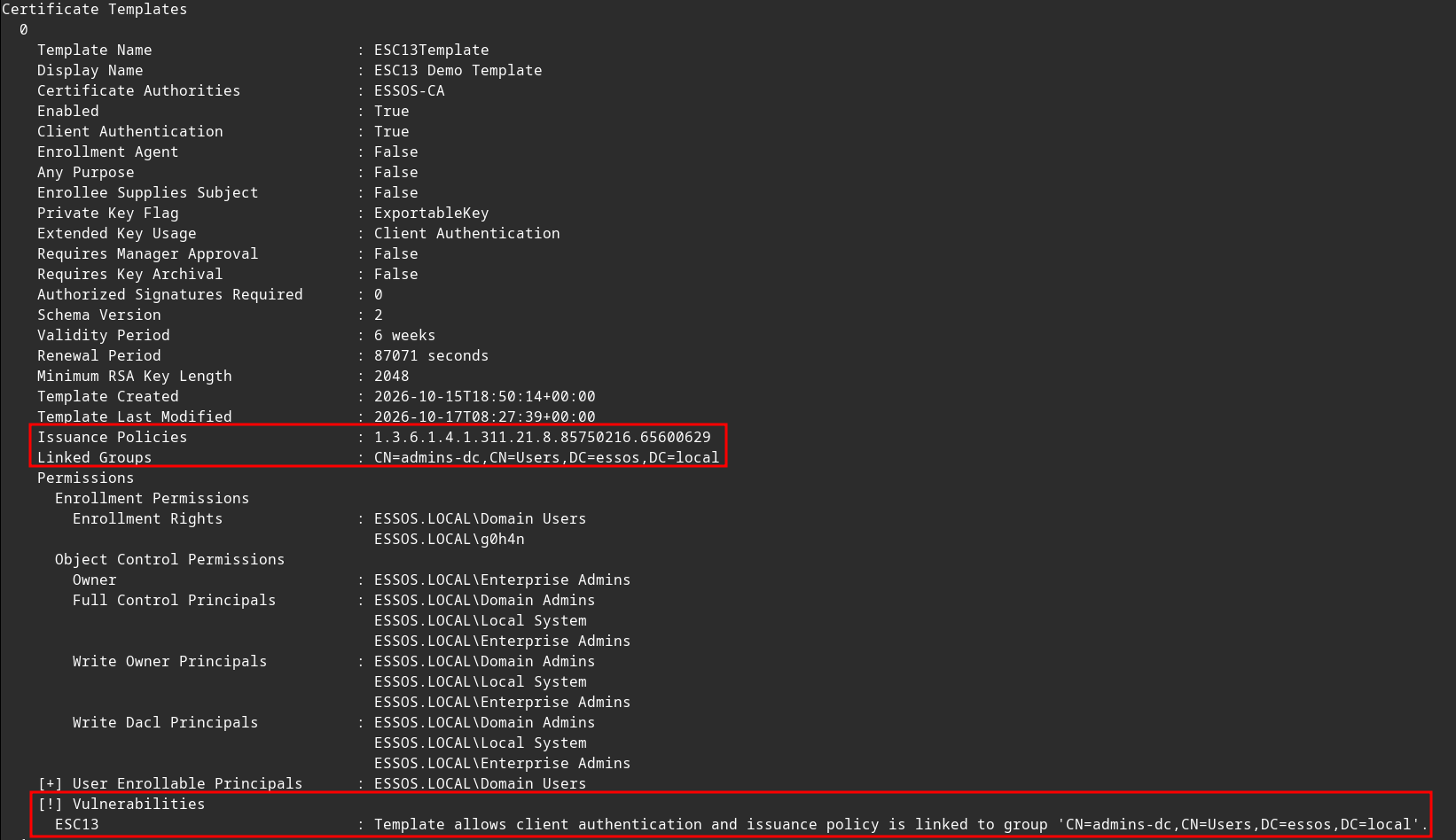 Output of the Certipy find command