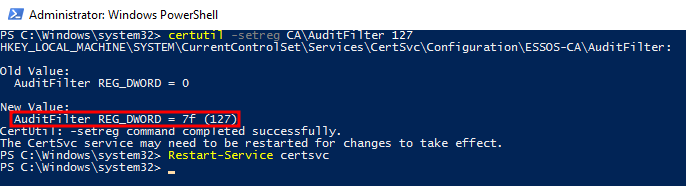 Enabling audit mode 127 for AD CS